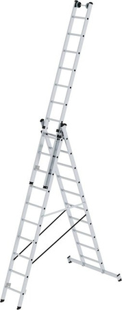 PROREGAL Sprossen-Mehrzweckleiter 3-teilig mit Traverse und Wandlaufrollen in Silber, 3 x 10 Sprossen