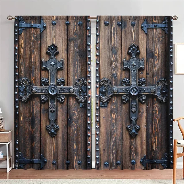 VOZMIO 2er Set Retro-Kreuz-Holztür bedruckte Vorhänge mit künstlerischem Design für deine Heimdekoration - Bild 1