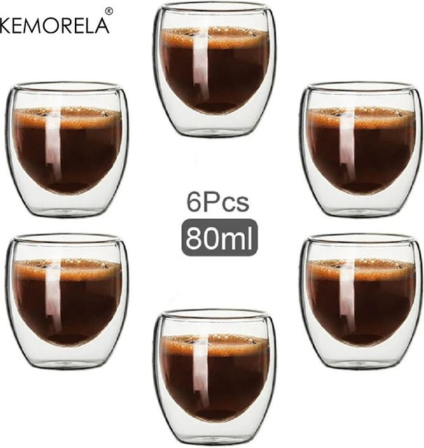 KEMORELA Set aus 6 doppelwandigen Espresso Tassen aus Borosilikatglas, transparent, 80 ml pro Tasse - Bild 1