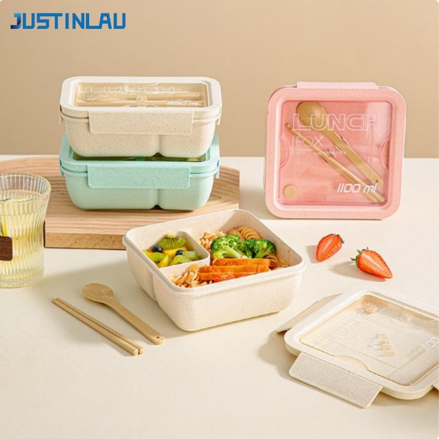 JUSTINLAU Bento-Box aus Weizenstroh mit Besteck in Grün, 850 ml oder 1100 ml, BPA-frei - Bild 1