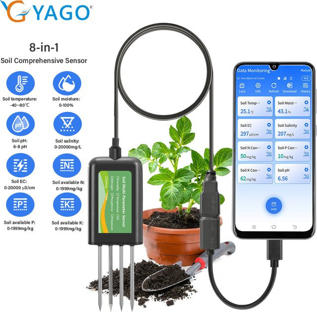 YAGO 8-in-1 Bodensensor für die Landwirtschaft: Smartes Bodenmessgerät für pH, EC, Feuchtigkeit und NPK in Schwarz (Android/HarmonyOS) - Bild 1