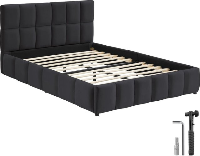 Tectake Polsterbett Shirley mit Samtbezug und Steppmuster in Schwarz, H x B x T: 93 x 220 x 153 cm - Bild 1