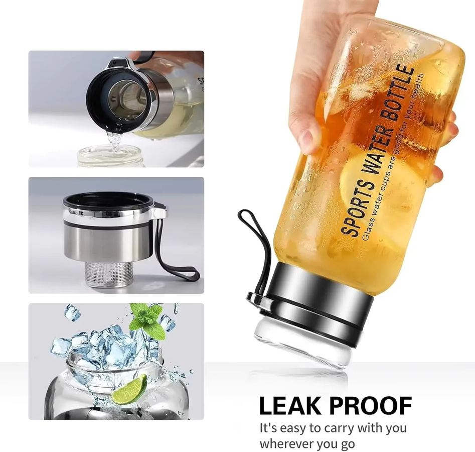DHDH Glas-Wasserflasche transparent für Outdoor-Sport und Reisen - Bild 3