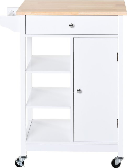 Aosom Küchenwagen aus MDF und Gummibaumholz in Weiß mit Arbeitsplatte, Schublade, Schrank, 3 Regalen und Rollen, B/T/H: 66 x 39,5 x 86,5 cm - Bild 1