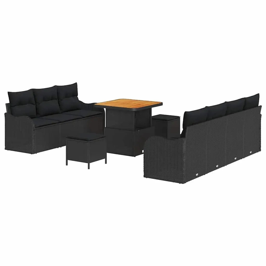 vidaXL 10-teiliges Garten-Sofa-Set in Schwarz aus Polyrattan und Akazie mit Kissen und Couchtisch für Garten, Balkon oder Terrasse - Bild 2