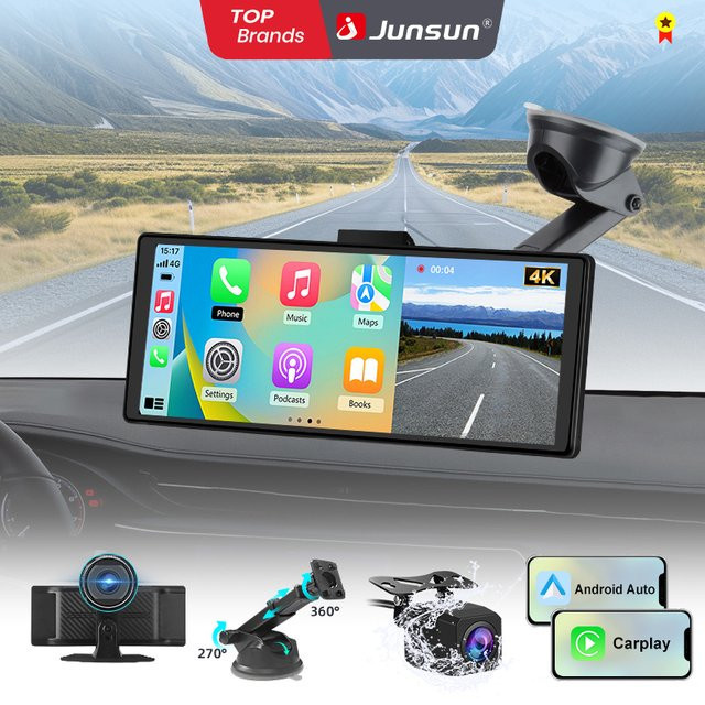 Junsun 4K Dashcam mit 10,26 Zoll IPS-Touchscreen, kabelloses Apple CarPlay und Android Auto, GPS-Navigation, Dual-Objektiv-Rückfahrkamera und Bluetooth, Schwarz - Bild 1