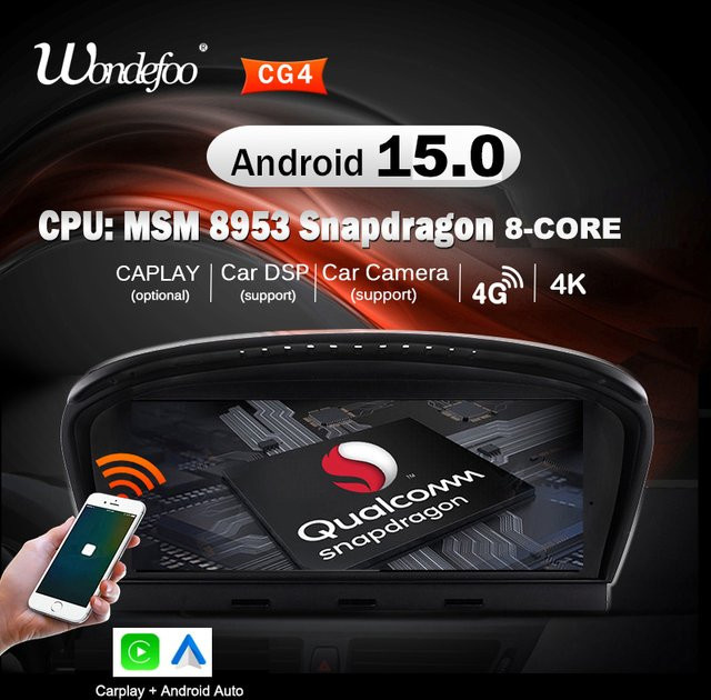 Wondefoo Android 15 Autoradio für BMW E60 E61 E63 E64 E90 E91 3/5 Serie mit 12GB RAM, 256GB Speicher, Snapdragon 8-Kern Prozessor, Bluetooth, GPS, 4G LTE und Wireless Carplay/Android Auto in Schwarz - Bild 1