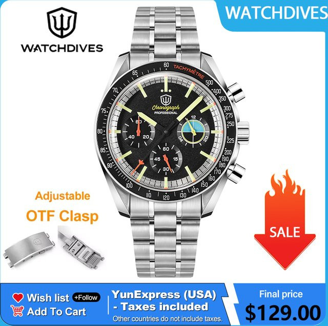 Watchdives Chronographenuhr, Edelstahl, 39 mm, Herren, Schwarz - Bild 1