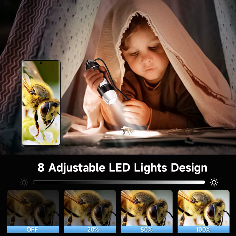 RIEVBCAU USB-Mikroskop in Schwarz mit 1600-facher Vergrößerung, 1920P digitales Spiegelroskop mit 8 LEDs, kompatibel mit iOS und Android - Bild 4