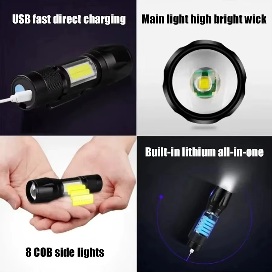 Heinast Mini LED Camping Taschenlampe mit COB und XPE, USB aufladbar, schwarz, tragbare taktische Laterne mit Zoom und Stift-Clip - Bild 6