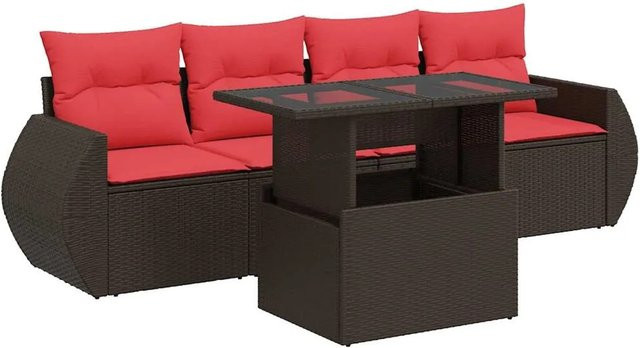vidaXL 5-tlg Garten-Sofagarnitur aus Polyrattan und Akazie in Braun mit Kissen und Couchtisch - Bild 1