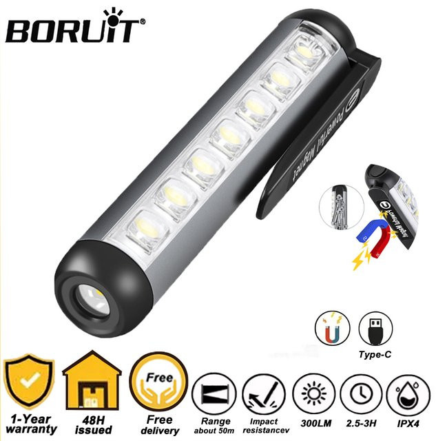 BORUiT Mini-LED-Taschenlampe mit Typ-C-Ladefunktion, ultrahelle wasserdichte Arbeitsleuchte mit Clip und Magnet für Camping und Outdoor - Bild 1