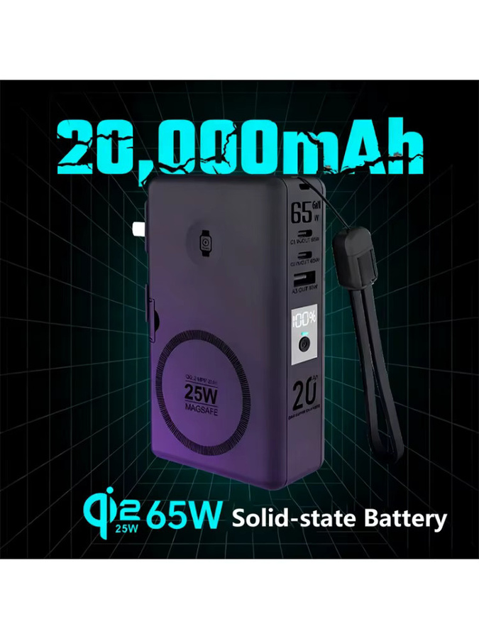 Magnetische kabellose Powerbank 20000 mAh mit Qi2.2 25 W und PD 65 W Schnellladegerät inklusive Stecker, Schwarz - Bild 5