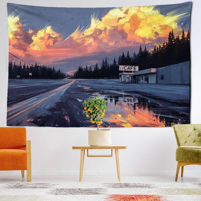 Super Six Wandteppich Cartoon Sonnenuntergang Ölgemälde im minimalistischen Bohème-Stil, Farbe: Schwarz/Mehrfarbig, Breite: 95 cm, Höhe: 70 cm - Bild 1