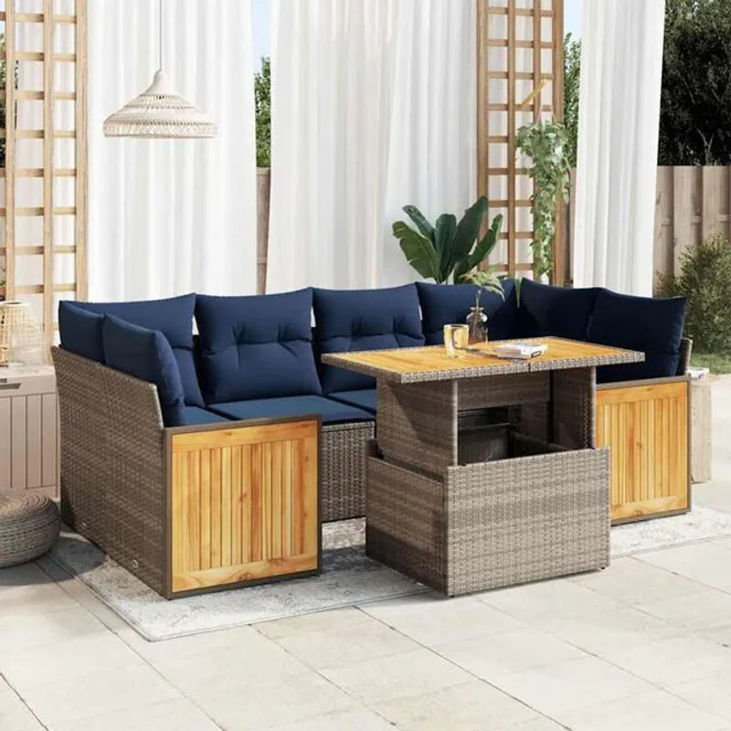 7-tlg. Garten-Sofagarnitur aus Polyrattan und Akazienholz in Grau mit Kissen von vidaxl - Bild 1
