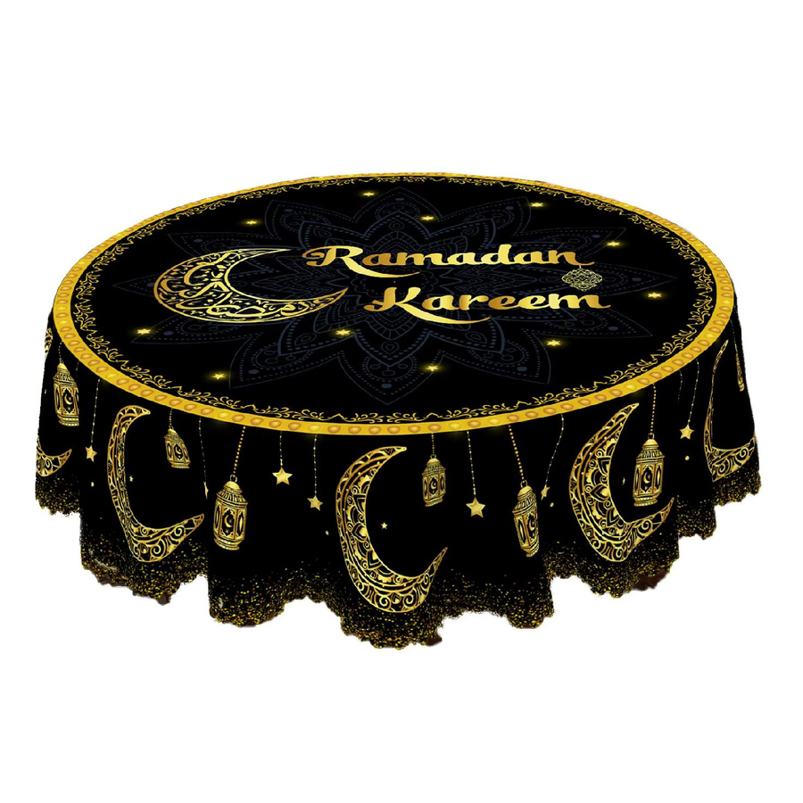 Dekorative Tischdecke aus Polyester mit orientalischem Mandala-Muster, Halbmond, Sternen und Laternen in Schwarz und Gold - Bild 7