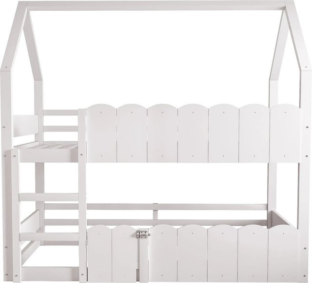 Merax Kinder-Etagenbett im Hausdesign mit Sicherheitsgittern, Weiß/Rosa, B/T/H: 200 x 90 x 181,5 cm - Bild 1