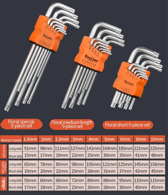 Baolian 9-teiliges Torx-Sternschlüssel-Set mit Inbus- und Sechskantschlüsseln in L-Form für Handreparaturen - Bild 1