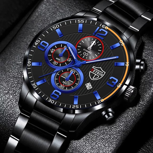 DEYROS Armbanduhr Quarz, Edelstahl, Leder, Black Silver, Herren - Bild 1