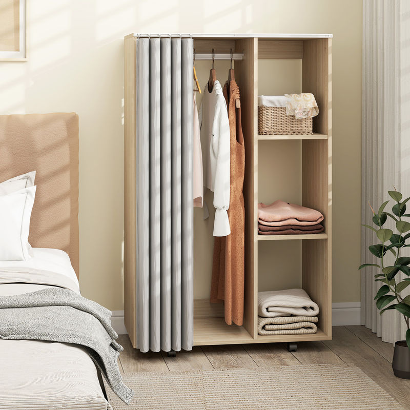 HOMCOM Kleiderschrank mit Kleiderstange und offenen Regalen, rollbares Aufbewahrungsmöbel mit 4 Rollen, Naturholzoptik, B/T/H: 80 x 40 x 128 cm - Bild 2