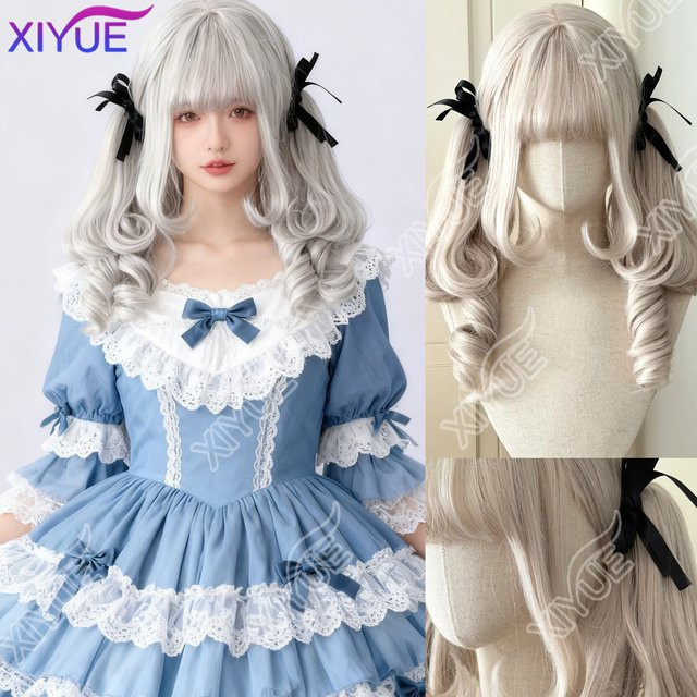 XIYUE Lolita Perücke, Doppelter Pferdeschwanz mit Pony, Weiß Grau, Damen - Bild 1
