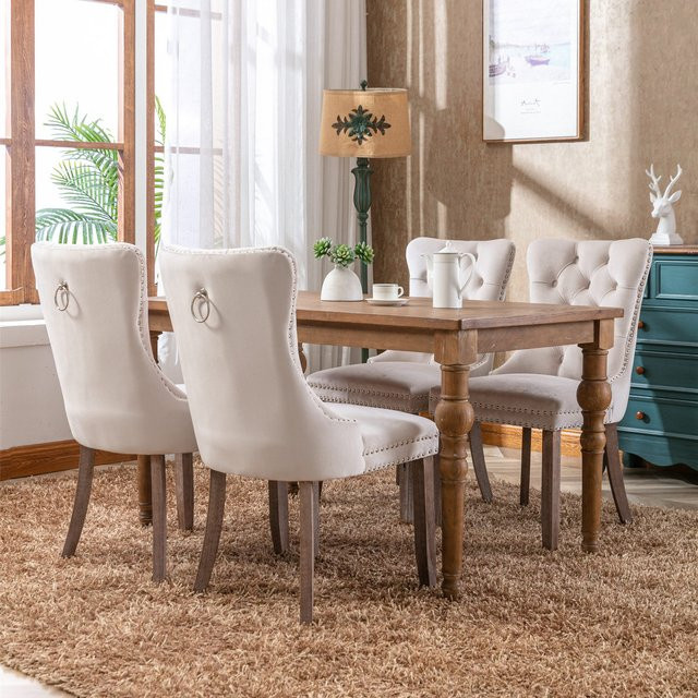 Svintora 2er-Set Esszimmerstühle aus Samt in Beige mit Massivholzbeinen und gestepptem Design, H x B x T: 95 x 65 x 50 cm - Bild 1
