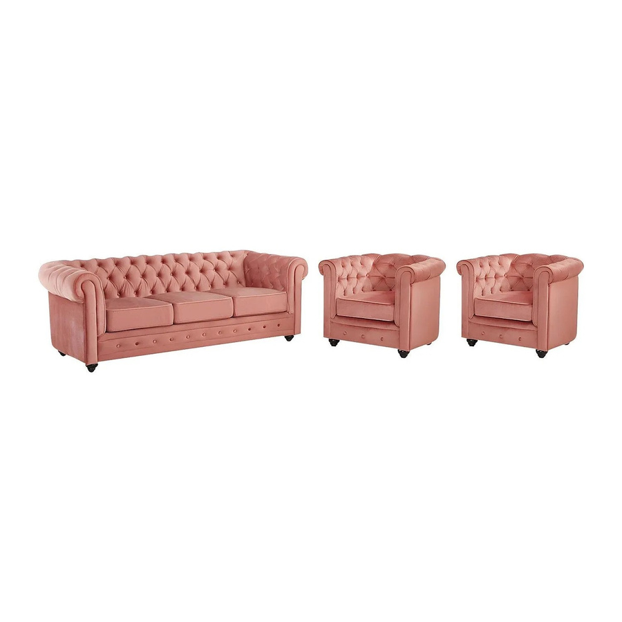 Vente-unique Chesterfield Couchgarnitur aus Samt mit 3-Sitzer-Sofa und Sessel in Puderrosa, Breite: 205 cm, Tiefe: 82 cm - Bild 2