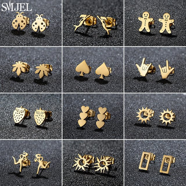 SMJEL Mini-Ohrstecker Edelstahl, Damen, Rechteck, Sonne, Erdbeere, Pik - Bild 1