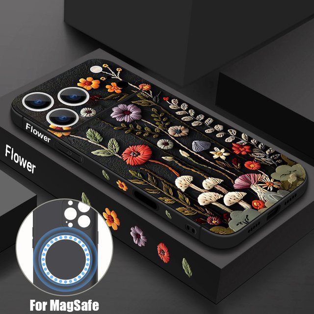 YISHANGOU Handyhülle mit Blumenmuster für iPhone 17e 16E 17 Pro 16 15 14 13 12 Pro Max 11, Stoßfeste TPU Schutzhülle mit MagSafe-Kompatibilität, Schwarz - Bild 1
