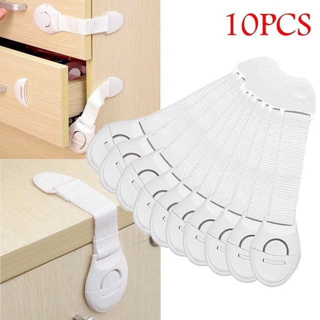10 Stück Baby Sicherheitsverriegelung für Schubladen und Schränke, weißes Textil-Gurtband als Multifunktions-Schutzschloss - Bild 1