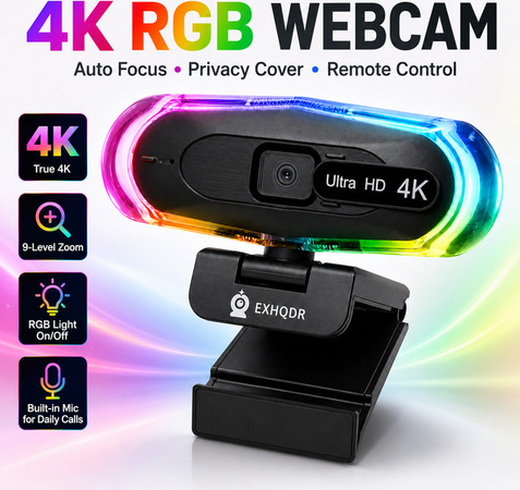 EXHQDR 4K UHD Webcam mit Autofokus, zwei Mikrofonen, RGB-Beleuchtung und Sichtschutzabdeckung in Schwarz