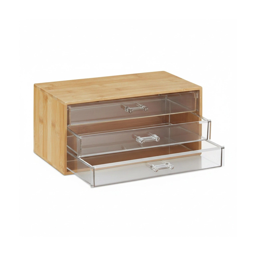Relaxdays Kosmetik Organizer aus Bambus in Natur und Transparent mit 3 Schubladen, B: 30 cm, T: 15 cm, H: 17,5 cm - Bild 2