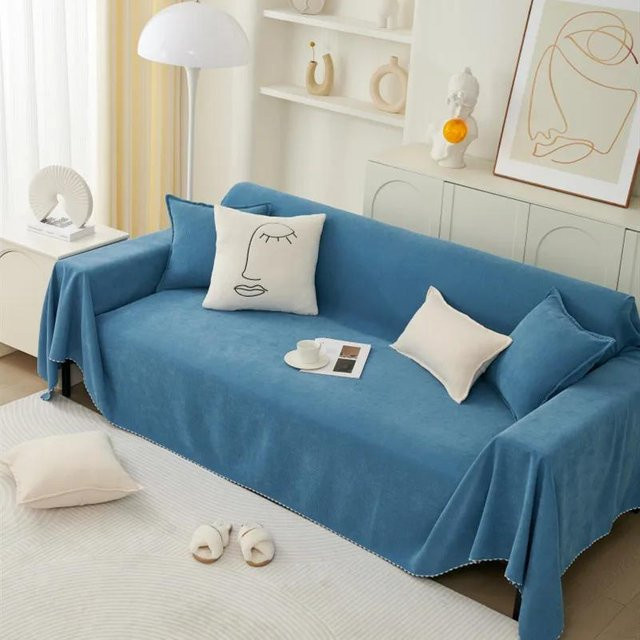 Einfaches einfarbiges Sofahandtuch in Blau mit passendem Kissenbezug, rutschfeste und staubdichte Couchabdeckung aus Polyester, Maße Kissenbezug: 45 x 45 cm - Bild 1