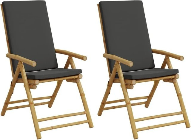 vidaXL Gartenstühle aus Bambus mit Kissen, 2er Set, klappbar und verstellbar, grau - Bild 1