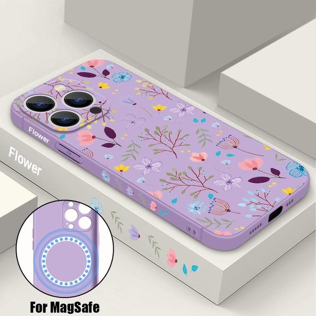 Magnetische Silikon Handyhülle mit Blumenmuster für Apple iPhone 16 15 14 13 12 Pro Max in Purple, kompatibel mit MagSafe kabellosem Laden - Bild 1