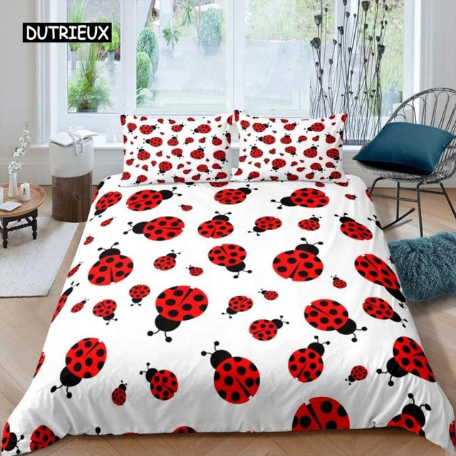 Bettwäsche-Set mit Marienkäfer-3D-Druck von Binchi Outdoor Product für Kinder, 3-teilig, Rot-Weiß, B/H: 140 x 200 cm - Bild 1