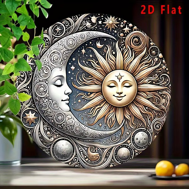 Potdemiel Vintage Celestial Sun & Moon Aluminium-Wandkunst, Rundes Metallschild mit Planeten-Design in Multicolour, Durchmesser: 20 cm - Bild 3
