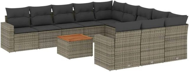 vidaXL 12-tlg. Garten-Sofagarnitur in L-Form aus Poly-Rattan mit Kissen und Couchtisch, Grau - Bild 1