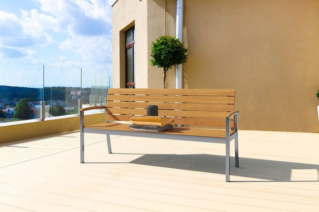 OUTFLEXX Gartenbank 3-Sitzer aus Teakholz und Edelstahl in Braun, B/T/H: 160 x 55 x 80 cm - Bild 1