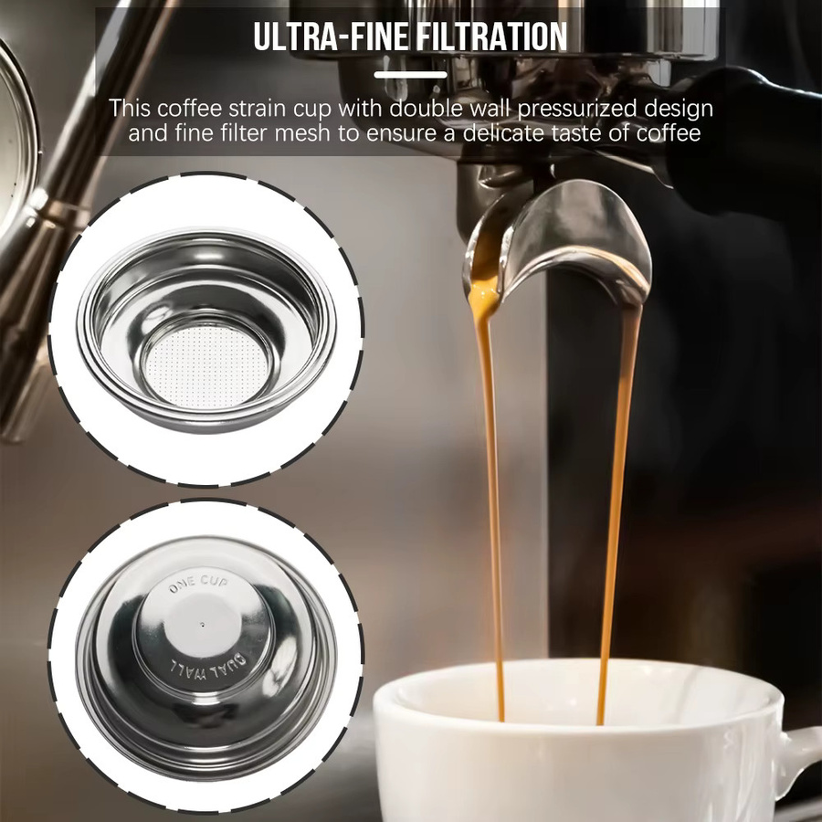 Dalinwell Druckbeaufschlagungs-Siebträger-Filterkorb für 1 Tasse Espresso, doppelwandig, Edelstahl, Silber, Durchmesser: 58 mm - Bild 3