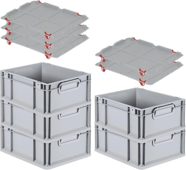 PROREGAL SparSet 5x Eurobox NextGen Grip mit Auflagedeckel und roten Schiebeschnappverschlüssen, Grau, H x B x T: 17 x 30 x 40 cm - Bild 1