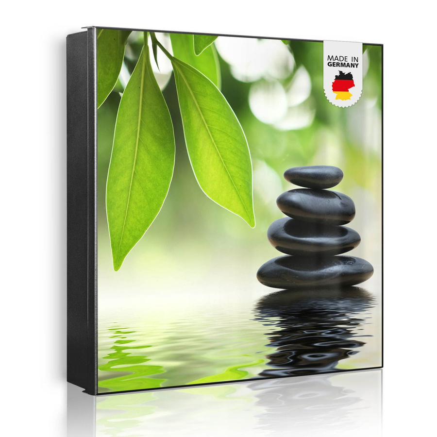Schlüsselkasten aus Metall von banjado in Schwarz mit Motiv Steine & Relax, Schlüsselaufbewahrung mit 32 Haken und beschreibbarer magnetischer Front, B/H: 30 x 30 cm - Bild 1