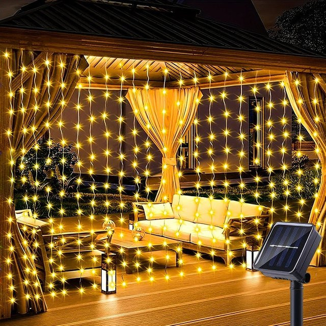 IEEYEEY Solar-Vorhang-Lichterkette LED Warmweiß Wasserdicht Boho Dekoration für Garten und Außenbereich - Bild 1