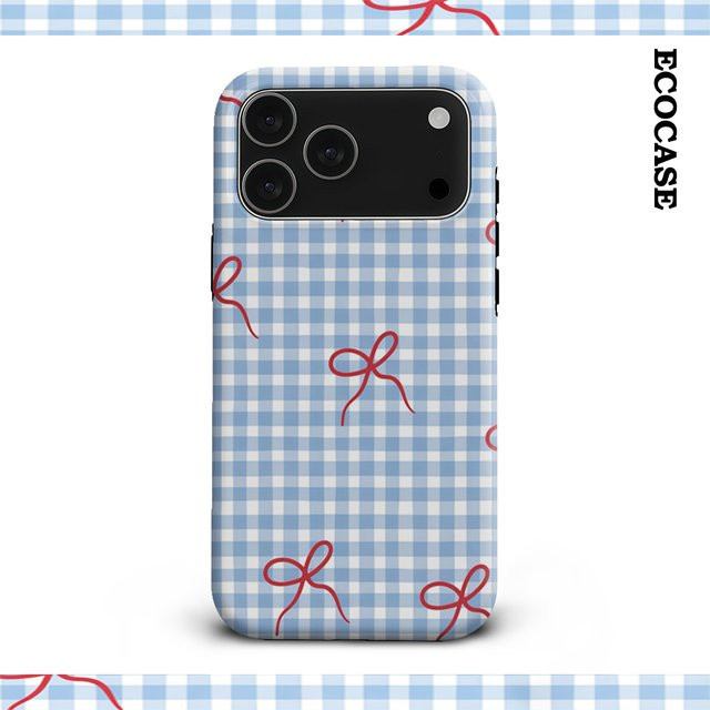 Handyhülle mit blauem Gingham-Muster und roten Schleifen für Apple iPhone 11 bis iPhone 17 Pro Max Plus, doppelschichtige Rückseite - Bild 1