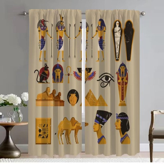 Elegantes Tüll-Vorhangset im ägyptischen Pharao-Design für Schlafzimmer und Wohnzimmer, 2 Stück, Farbe: Beige, Breite: 50 cm, Höhe: 70 cm - Bild 1