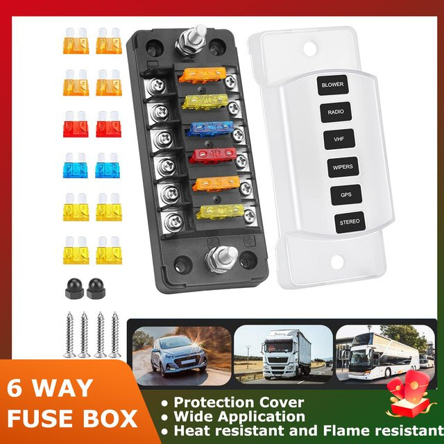 6-Wege-Sicherungsblock mit negativem Bus für Automobile, 12 V, Flachsicherungshalter mit wasserdichter Abdeckung und Etikettenaufklebern, Schwarz - Bild 1