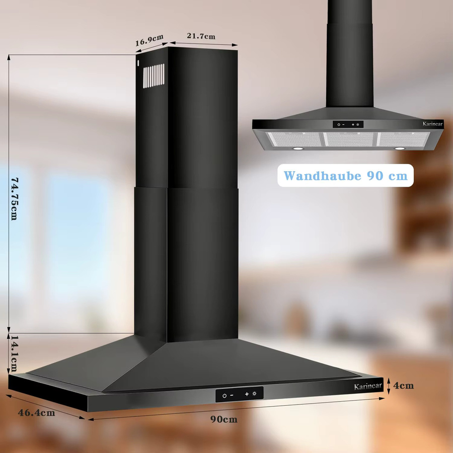 Karinear Dunstabzugshaube in Schwarz und Grau, Wandmontage, A++ Energieeffizienz, Breite: 90 cm, 329 m³/h Luftleistung, Umluft und Abluft mit Aktivkohlefilter - Bild 4