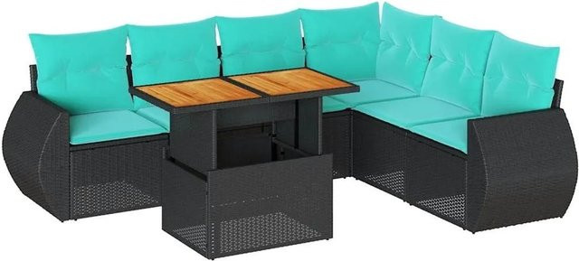 vidaXL 7-teilige Garten-Sofagarnitur aus Poly-Rattan und Akazienholz in Schwarz mit Kissen - Bild 1