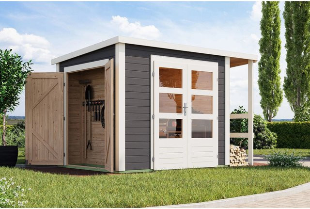 Karibu Gartenhaus mit Schrank und Anbaudach in Terragrau, B/T/H: 209 x 241 x 199,6 cm - Bild 1