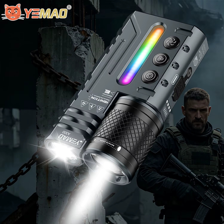 YEMAO A300 Dual-Core EDC-Taschenlampe in Schwarz mit 3500 lm, zoombarem Flutlicht, 400 m Reichweite, RGB-Atmosphärenlicht und 4800 mAh Akku - Bild 2